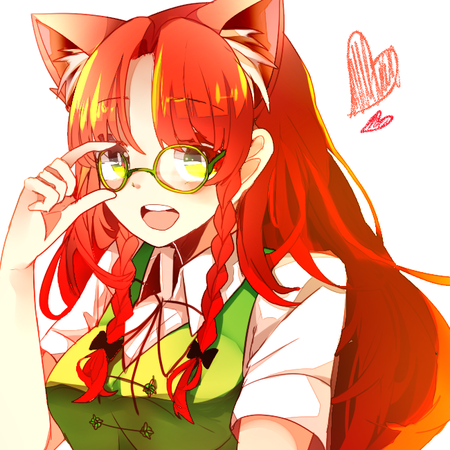 adjusting_eyewear animal_ears bespectacled braid breasts cat_ears extra_ears glasses heart hong_meiling kemonomimi_mode long_hair looking_at_viewer medium_breasts no_hat no_headwear red_hair rya_(aptkz_11) short_sleeves simple_background solo touhou twin_braids upper_body vest white_background yellow_eyes