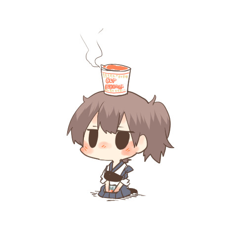 blush chibi cup_ramen food food_on_head jitome kaga_(kantai_collection) kantai_collection lowres muneate object_on_head rebecca_(keinelove) short_hair side_ponytail sitting solid_circle_eyes solo steam