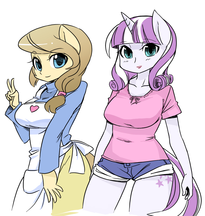 anthro anthrofied apron blue_eyes breasts brown_hair button's_mom button's_mom clothed clothing cutie_mark duo equine female friendship_is_magic hair horn horse mammal milf mother my_little_pony parent pony shepherd0821 shorts smile star_sparkle_(mlp) twilight_velvet_(mlp) two_tone_hair unicorn