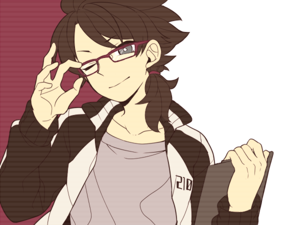 bespectacled brown_hair clipboard collarbone fudou_akio glasses inazuma_eleven_(series) inazuma_eleven_go inazuma_eleven_go_galaxy jacket long_hair looking_at_viewer male_focus older one_eye_closed open_clothes open_jacket saku_anna simple_background solo white_background
