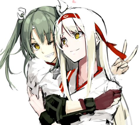 bad_id bad_pixiv_id hairband japanese_clothes kantai_collection long_hair lowres multiple_girls muneate ruuto_(sorufu) shoukaku_(kantai_collection) silver_hair smile twintails v yellow_eyes zuikaku_(kantai_collection)
