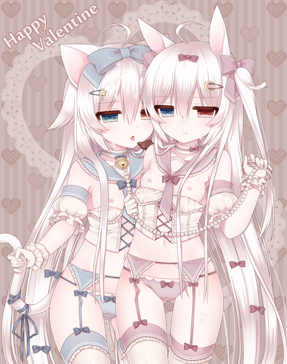 ahoge alice_claudia animal_ears bad_id bad_pixiv_id bell blue_eyes bow breasts brown_eyes bunny_ears bustier cat_ears cat_tail choker garter_belt gloves hair_bow hair_ornament hairpin heterochromia highres jingle_bell long_hair multiple_girls navel nipples original sailor_collar small_breasts standing tail tsukikage_nemu twintails very_long_hair white_hair