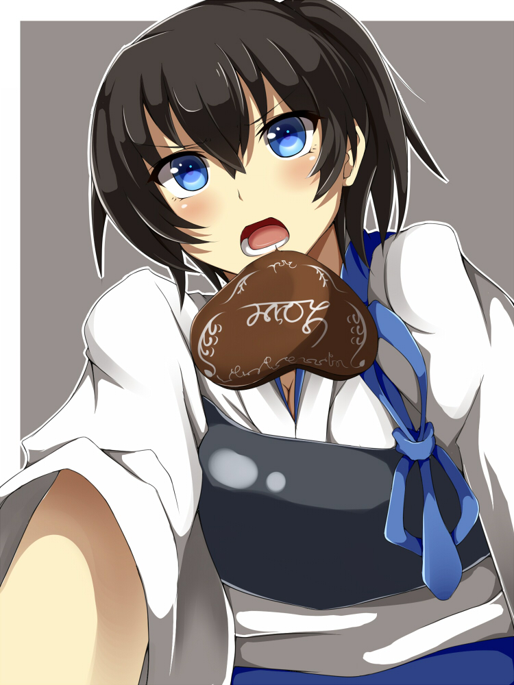 black_hair blue_eyes blush chocolate chocolate_heart from_below heart japanese_clothes kaga_(kantai_collection) kantai_collection looking_at_viewer looking_down muneate naoto_(96neko96) open_mouth short_hair side_ponytail skirt solo_focus valentine