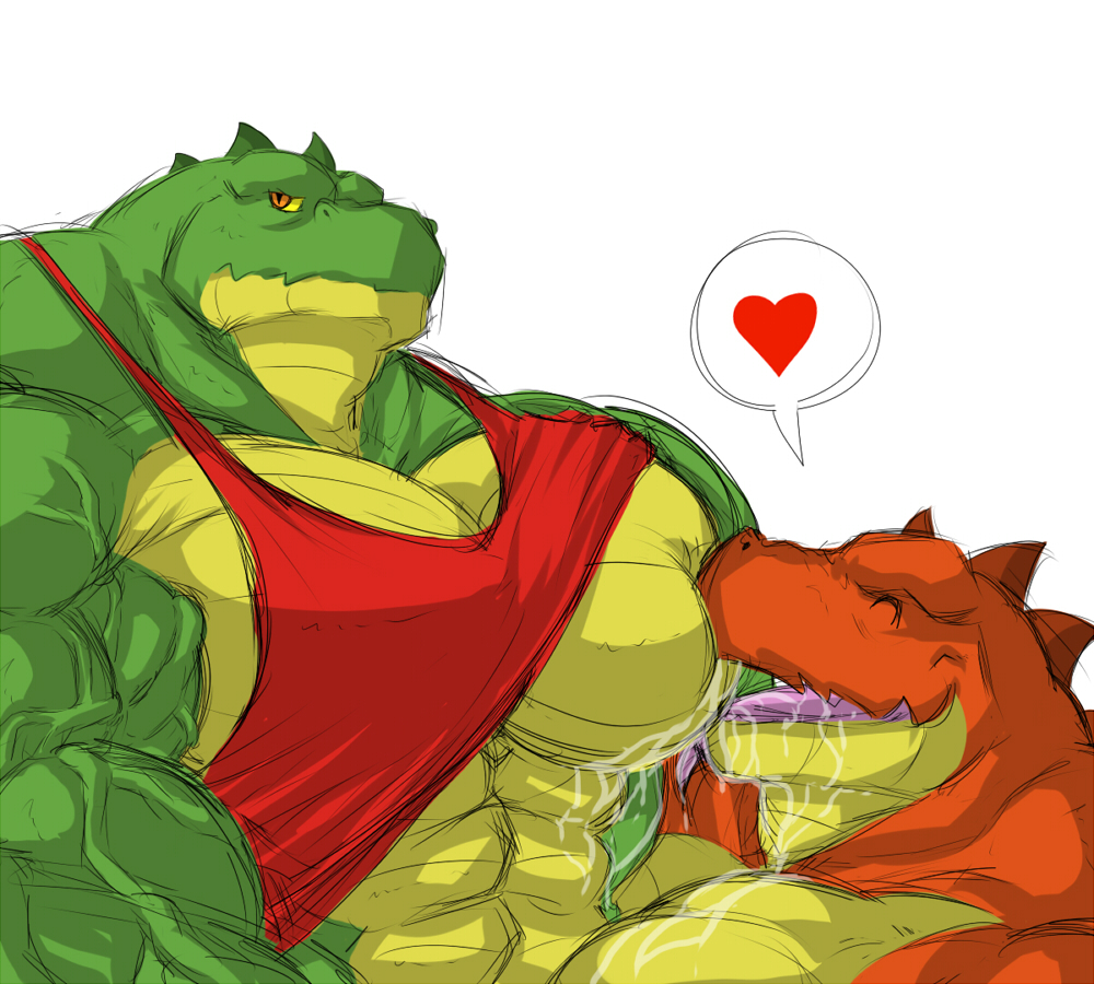 abs alligator anthro biceps big_muscles brown_skin clothing couple crocodile duo eyes_closed fangs flammars gay green_skin grin horn huge_muscles kneeling lactating licking love male male_lactation muscles open_mouth orange_eyes orange_skin pecs plain_background pose reptile ripped saliva scales scalie shirt shirt_lift smile standing tank_top teeth toned tongue tongue_out topless unf vein wani white_background who yellow_eyes yellow_skin