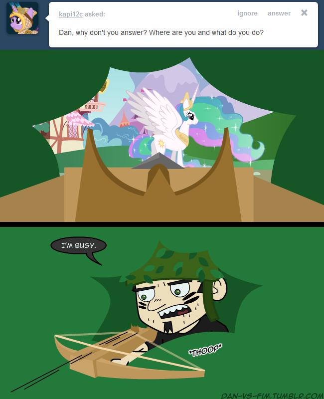 crossbow crossover crown cutie_mark dan dan_vs duo english_text equine female friendship_is_magic fur green_eyes hair hat horn horse human male mammal mixermike622 multi-colored_hair my_little_pony outside pony ponyville princess_celestia_(mlp) purple_eyes ranged_weapon royalty shirt sky text tiara tumblr weapon white_fur winged_unicorn wings