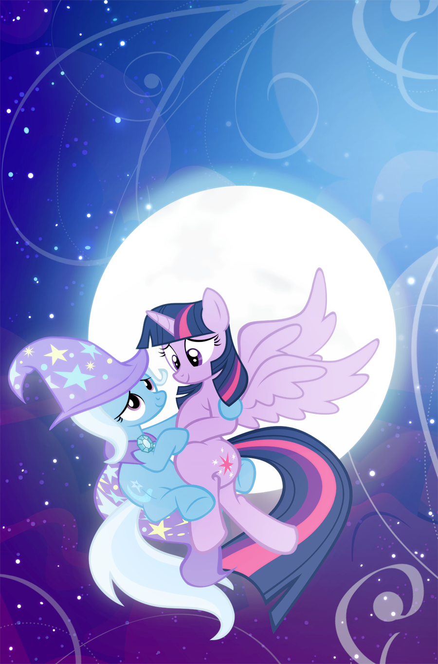 cape close couple cutie_mark duo equine female feral friendship_is_magic hat holidays horn horse hug lesbian mammal moon my_little_pony night pixelkitties pony purple_eyes stars trixie_(mlp) twilight_sparkle_(mlp) unicorn valentine's_day valentine's_day winged_unicorn wings wizard_hat