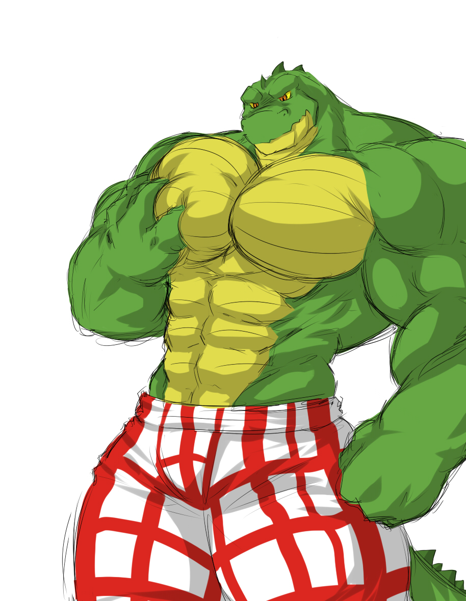 abs alligator anthro biceps big_muscles bulge clothing crocodile flammars green_skin horn huge_muscles male muscles orange_eyes pec_grasp pecs plain_background pose reptile ripped scales scalie short shorts solo standing toned topless unf wani white_background yellow_eyes yellow_skin