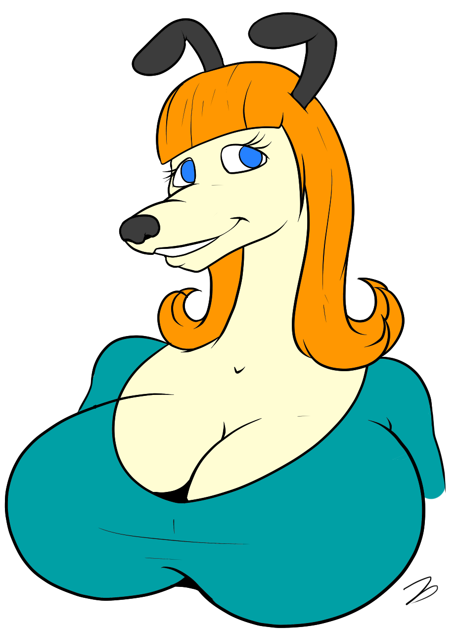 anthro big_breasts black_nose blue_eyes breasts canine clothing dog eyelashes female hair long_hair looking_at_viewer mammal orange_hair plain_background solo teeth white_background zp92