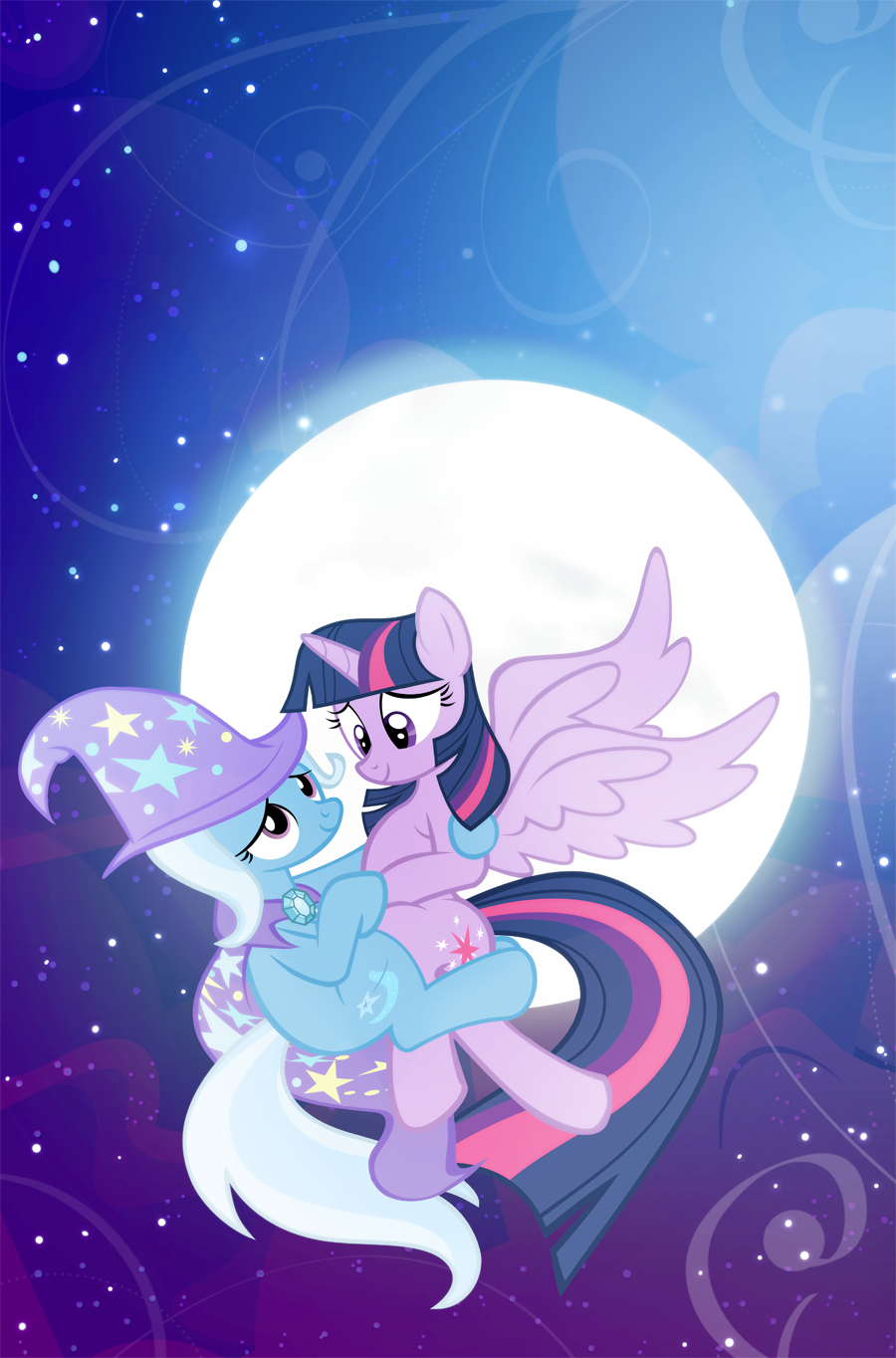 blue_fur cape couple cutie_mark duo equine eye_contact female feral flying friendship_is_magic fur hair hat hi_res holidays horn horse hug lesbian mammal moon multi-colored_hair my_little_pony night pixelkitties pony purple_eyes purple_fur stars trixie_(mlp) twilight_sparkle_(mlp) two_tone_hair unicorn update valentine's_day valentine's_day winged_unicorn wings wizard_hat