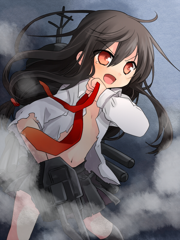 black_hair flat_chest hatsushimo_(kantai_collection) kantai_collection long_hair nagasioo red_eyes solo torn_clothes