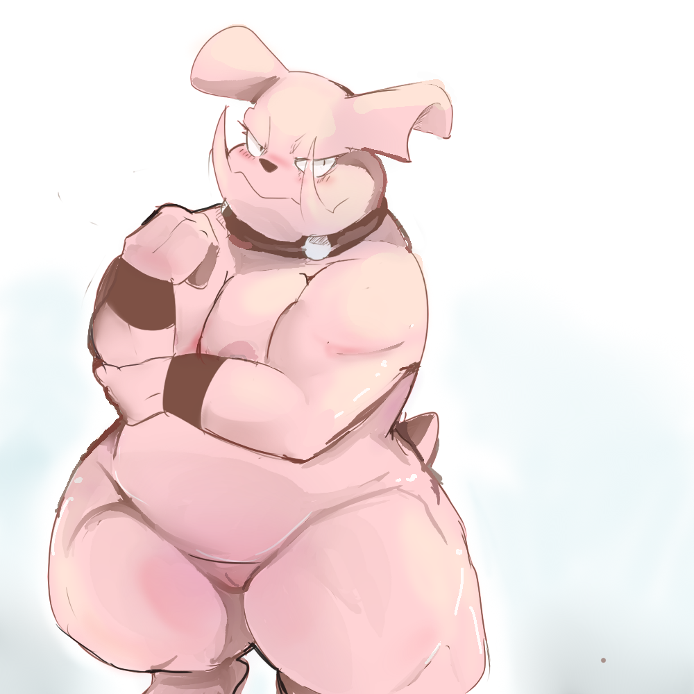blush breasts chubby collar female granbull looking_at_viewer muscles nintendo nipples nude plain_background pok&#233;mon pok&eacute;mon pussy shamelesss solo standing thick_thighs video_games white_background wide_hips