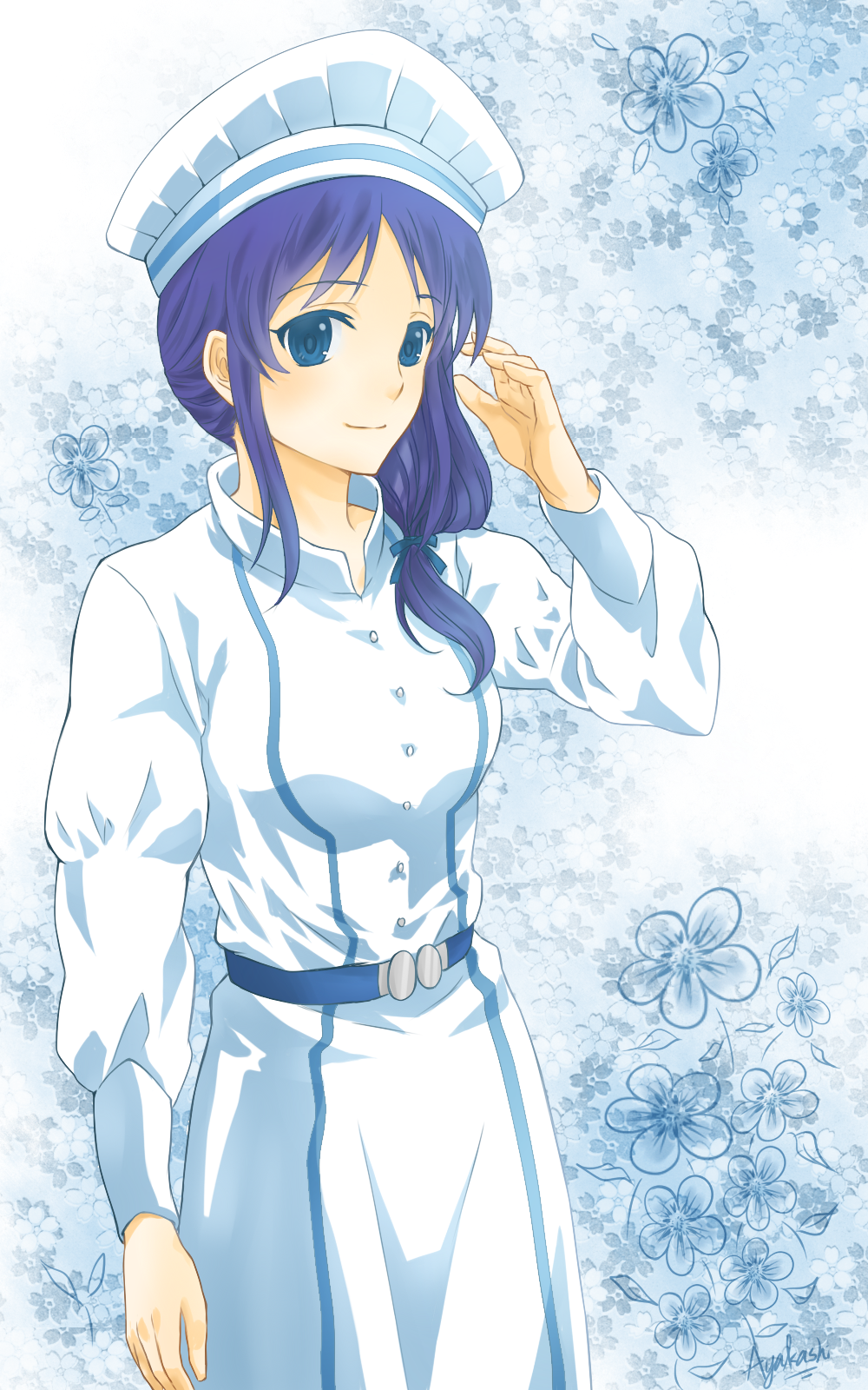 blue_eyes blue_hair hat highres hiradaira_chisaki long_hair nagi_no_asukara nurse solo uniform whitebk