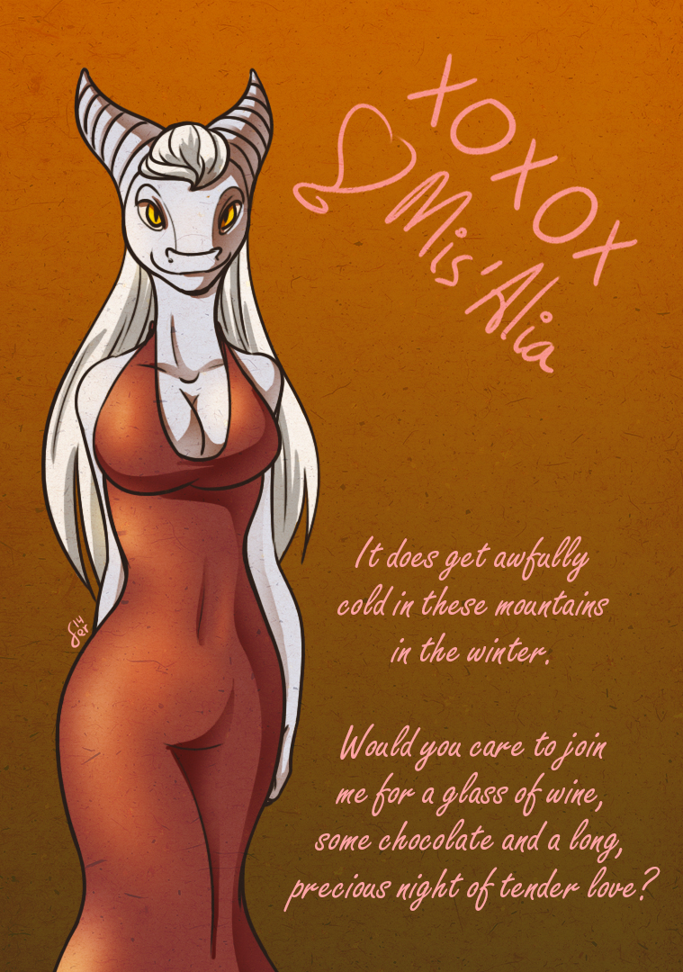 big_breasts breasts cleavage clothed clothing curved_horns dragon dress evening_gown female feretta hair holidays inviting looking_at_viewer mistress_(feretta) scalie simple_background solo text valentine's_day valentine's_day white_hair