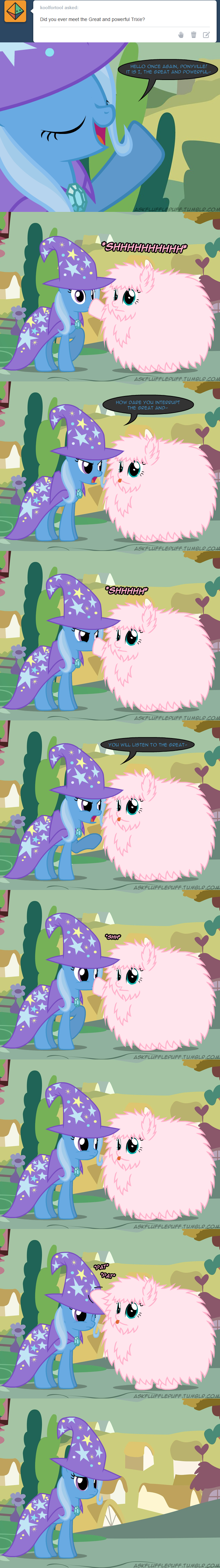 blue_eyes blue_fur blue_hair cape comic duo english_text equine eyes_closed female fluffle_puff fluffy friendship_is_magic fur hair hat horse mammal mixermike622 my_little_pony outside pink_fur pink_hair pony ponyville purple_eyes text tongue tongue_out trixie_(mlp)