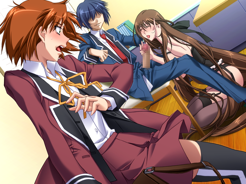 1boy 2girls blue_hair blush brown_hair censored chair eyes_closed game_cg garter_straps highres kasatani_rie kneeling legs long_hair multiple_girls open_mouth penis saiminjutsu_2 school_uniform short_hair sitting skirt smile thighhighs thighs yoshino_keiko