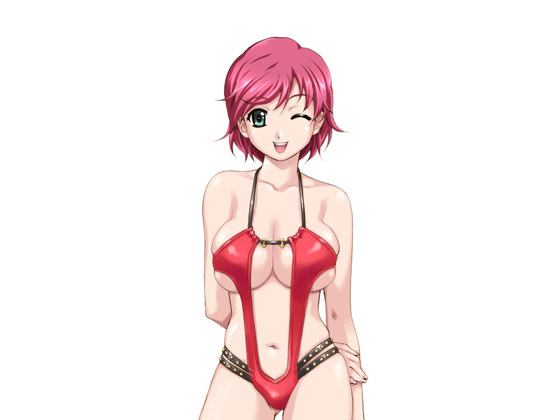 1girl bare_shoulders breasts game_cg green_eyes happoubi_jin iihara_nao large_breasts legs looking_at_viewer navel open_mouth pink_hair resort_boin short_hair simple_background smile solo standing thighs white_background wink