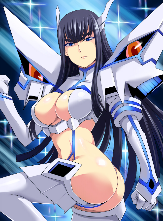 ass black_hair blue_eyes boots breasts cleavage cleavage_cutout clenched_hands elbow_gloves eyebrows gloves hair_ornament hairclip junketsu kill_la_kill kiryuuin_satsuki large_breasts long_hair megane_man revealing_clothes solo suspenders thick_eyebrows thigh_boots thighhighs twisted_torso