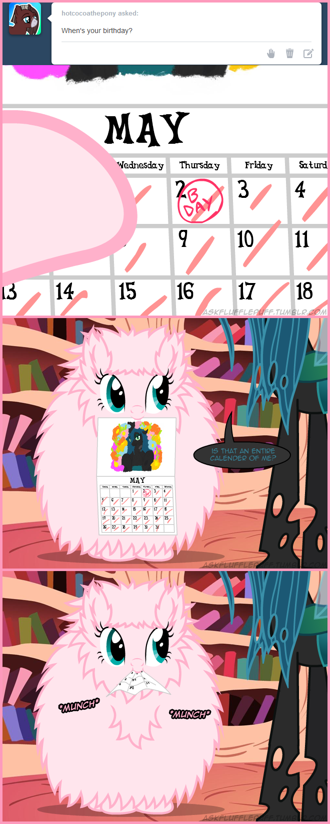 calendar duo eating english_text equine female fluffle_puff fluffy friendship_is_magic fur green_eyes green_hair hair horn horse mammal mixermike622 mouth_hold my_little_pony pink_fur pink_hair pony queen_chrysalis_(mlp) royalty text tumblr wings