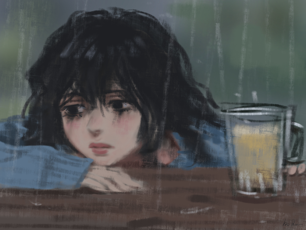 1girl bangs black_eyes black_hair blue_sweater chin_rest closed_mouth cup gohpot hair_between_eyes hand_on_table lips long_sleeves looking_to_the_side makeup mascara original rain sad smeared_mascara solo sweater