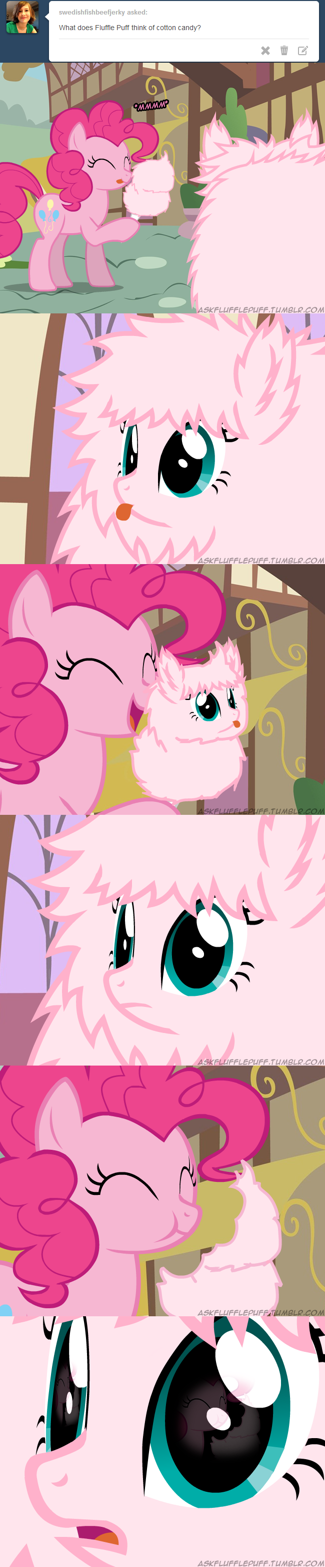 blue_eyes candy close-up comic cotton_candy cutie_mark duo eating english_text equine eyes_closed female fluffle_puff fluffy food friendship_is_magic fur hair horse mammal mixermike622 my_little_pony pink_fur pink_hair pinkie_pie_(mlp) pony text tongue tongue_out tonuge_out tumblr