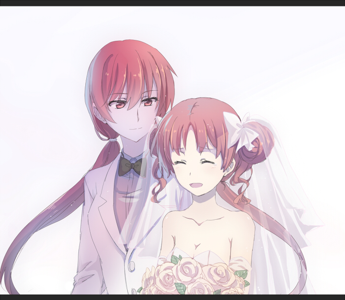 :d ^_^ alternate_hairstyle bare_shoulders bouquet bow bowtie breasts bridal_veil bride cleavage closed_eyes collarbone double_bun dress flower formal groom hair_bow happy_tears letterboxed long_hair low_twintails multiple_girls musujime_awaki open_mouth shirai_kuroko small_breasts smile suit tears to_aru_majutsu_no_index twintails usamin_(artist) veil wedding wedding_dress wife_and_wife yuri