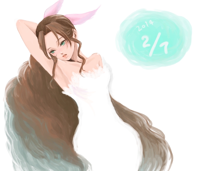 1girl 2014 aerith_gainsborough arm_up armpits artist_request bare_shoulders brown_hair dated dress female final_fantasy final_fantasy_vii green_eyes hair_ribbon long_hair ribbon solo very_long_hair white_dress
