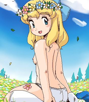 4040_(artist) aliasing alps_no_shoujo_heidi back blonde_hair blue_eyes blush bow breasts character_request cloud female field flower flower_field hair_bow hair_ribbon head_wreath klara_sesemann long_hair looking_at_viewer looking_back lowres nipples nippon_animation oekaki open_mouth outdoors panties ribbon sitting sky small_breasts smile socks solo source_request topless underwear wariza world_masterpiece_theater wreath