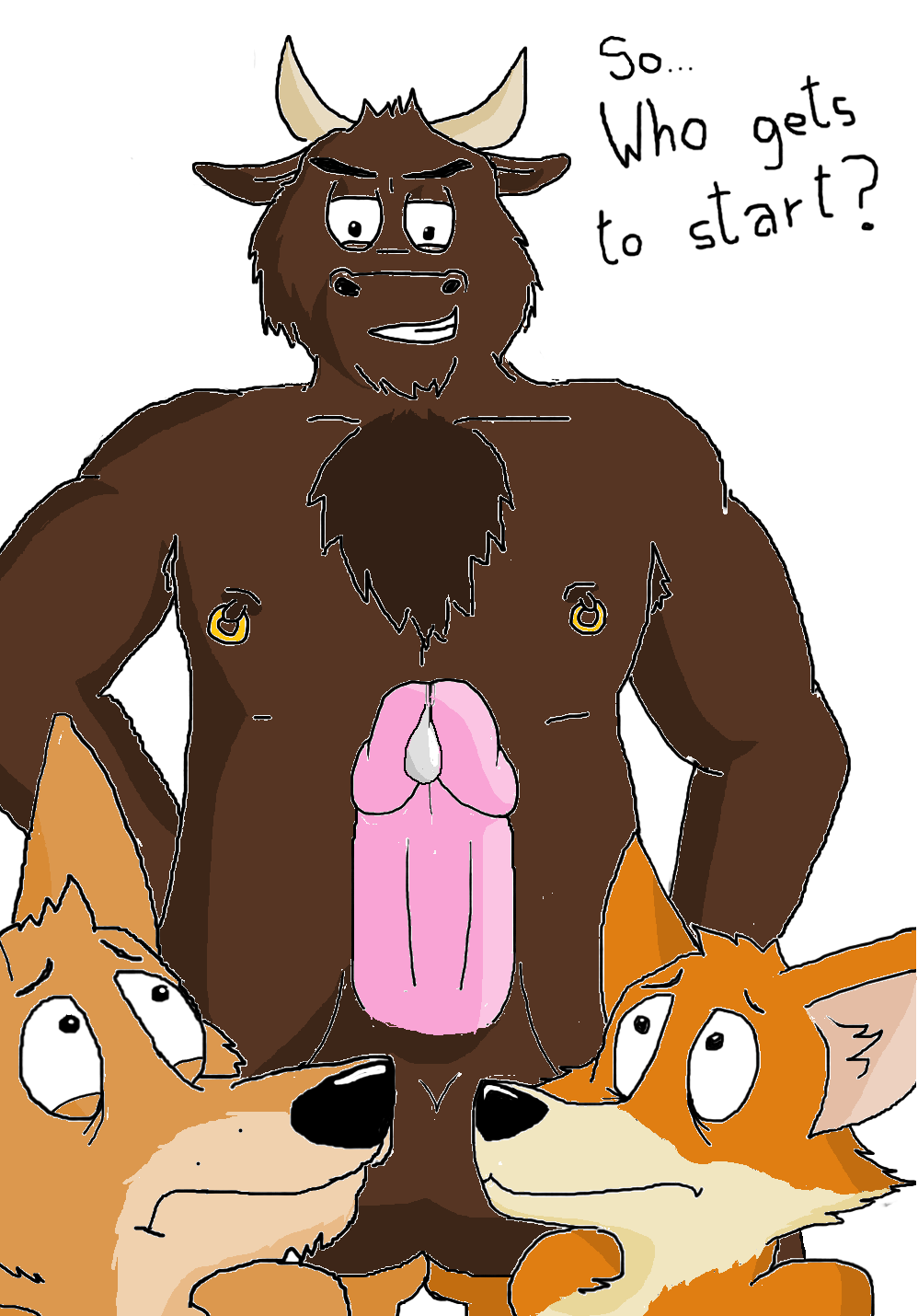 2014 anthro armpits big_penis bovine canine cattle dan domination forced fox friends gay grabbing_balls hairy_chest humanoid_penis josh kangaroo male mammal marsupial ms_paint nipple_piercing nipples nude penis piercing submissive teenager the_crappy_paint_job