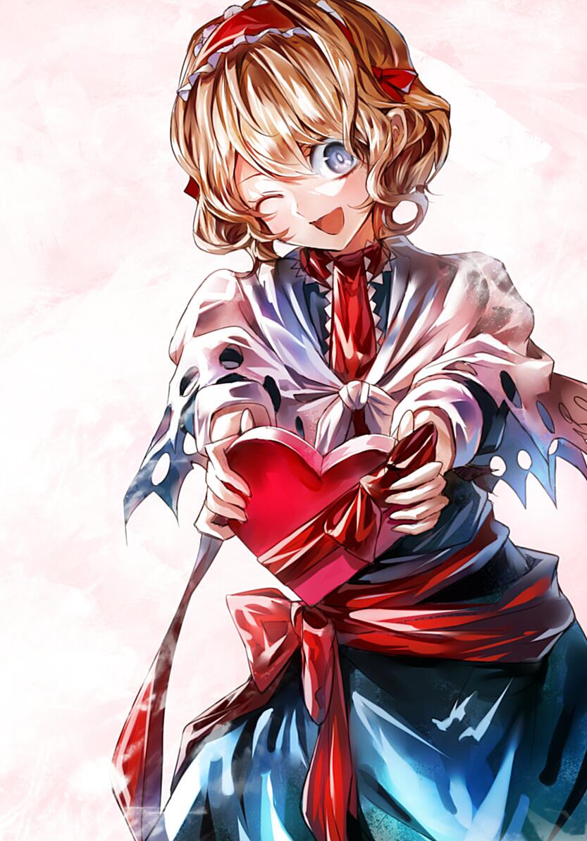 alice_margatroid banned_artist blonde_hair blue_dress blue_eyes bow box capelet dress gift hairband heart heart-shaped_box kozou_(soumuden) lolita_hairband long_sleeves looking_at_viewer necktie one_eye_closed open_mouth ribbon sash shirt short_hair simple_background smile solo touhou valentine white_shirt