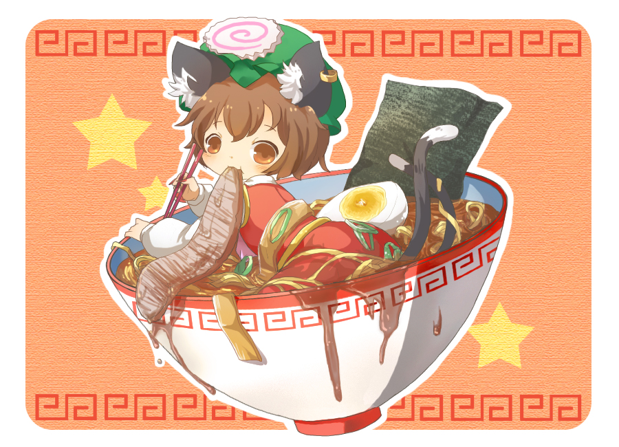 animal_ears bad_id bad_pixiv_id bosutafu bowl brown_eyes brown_hair cat_ears cat_tail chen chopsticks earrings food hat in_bowl in_container in_food jewelry minigirl multiple_tails rounded_corners short_hair solo tail touhou