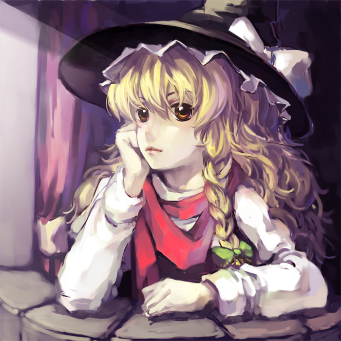 arm_support blonde_hair braid brown_eyes chin_rest face hat kirisame_marisa lips long_sleeves messy_hair no_lineart red_scarf sankusa scarf side_braid solo touhou wavy_hair witch_hat