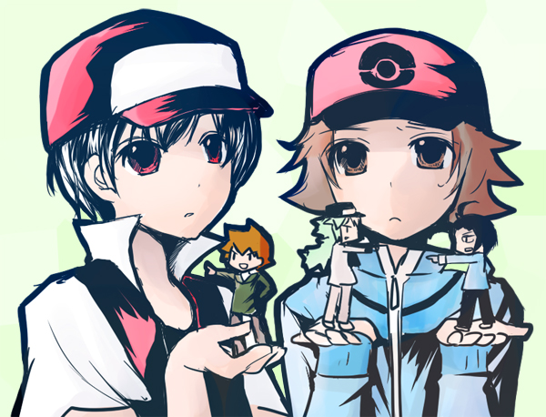 5boys ahoge baseball_cap black_hair brown_eyes brown_hair cheren_(pokemon) expressionless frown glasses green_hair hat jacket jeans multiple_boys n_(pokemon) ookido_green open_mouth pointing pokemon pokemon_(game) pokemon_black_and_white popped_collar red_(pokemon) red_eyes short_hair simple_background size_difference smirk touya_(pokemon) vest