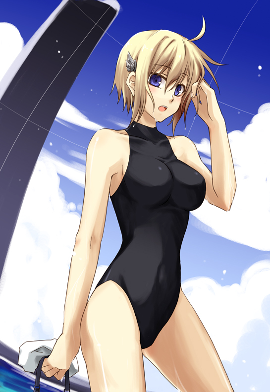 adjusting_hair ahoge bad_id bad_pixiv_id blonde_hair blue_eyes blush breasts cloud collarbone competition_swimsuit day hair_ornament koukaku_no_regios kuruma_(rk) large_breasts nina_antalk one-piece_swimsuit open_mouth short_hair sky solo standing swimsuit wet
