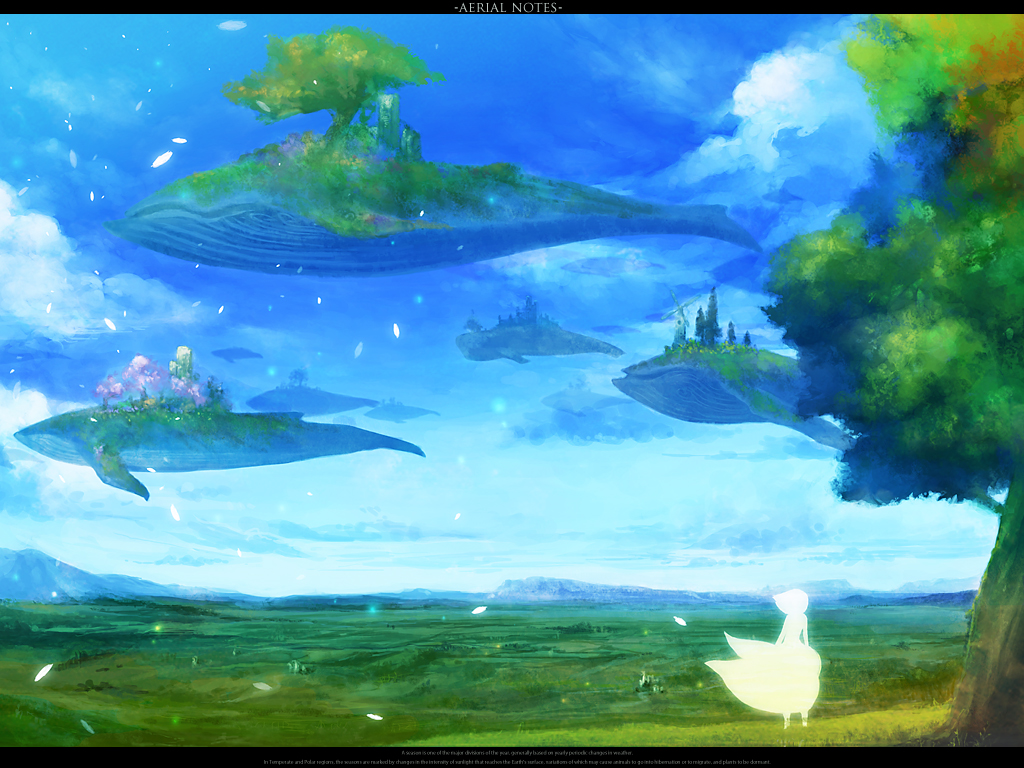 chitose_rin day flying flying_fish island_turtle landscape letterboxed original overgrown scenery sky solo surreal tree whale windmill