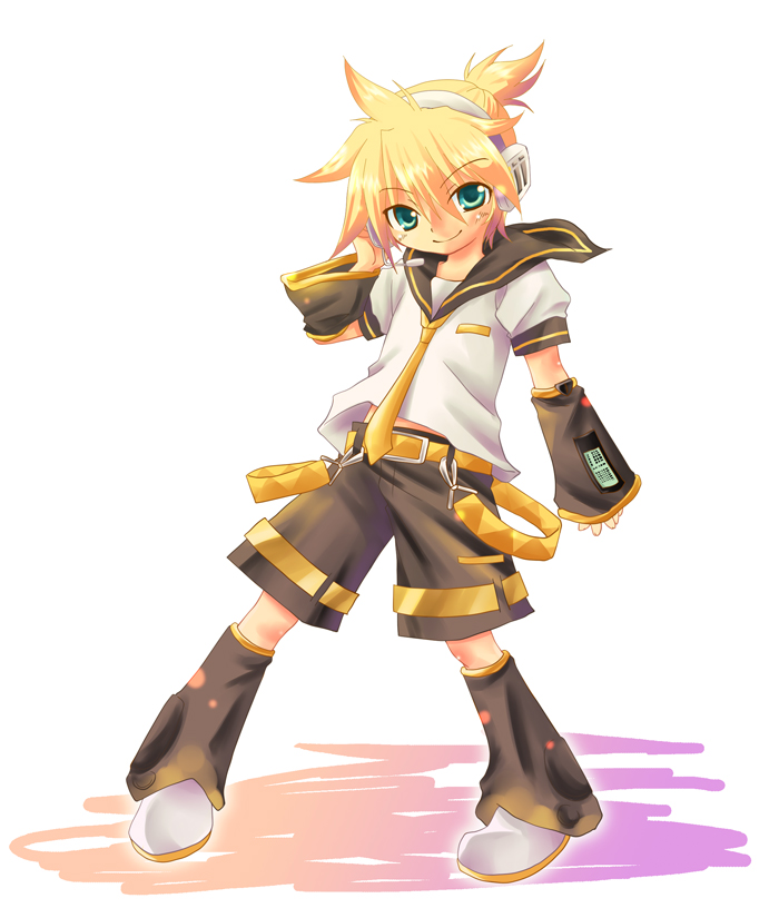 bad_id bad_pixiv_id blonde_hair detached_sleeves green_eyes hashi_moto headset kagamine_len male_focus shorts solo vocaloid
