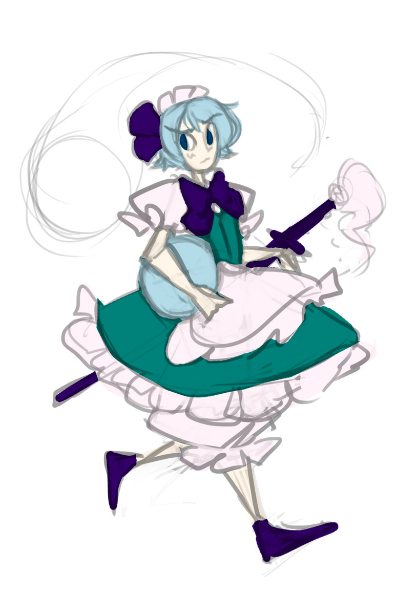 abstract_cactus adapted_costume apron bad_id bad_pixiv_id bloomers blue_eyes blue_hair bow konpaku_youmu maid maid_headdress puffy_sleeves sketch sword touhou underwear weapon