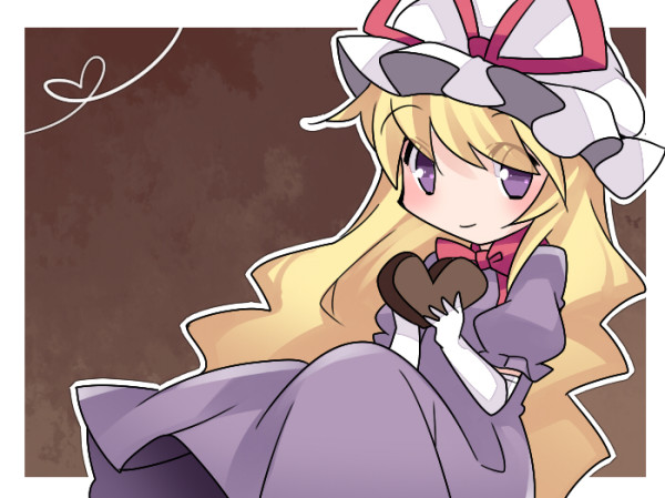 bad_id bad_pixiv_id blonde_hair dress hammer_(sunset_beach) hat heart long_hair looking_at_viewer purple_dress purple_eyes smile solo touhou valentine yakumo_yukari