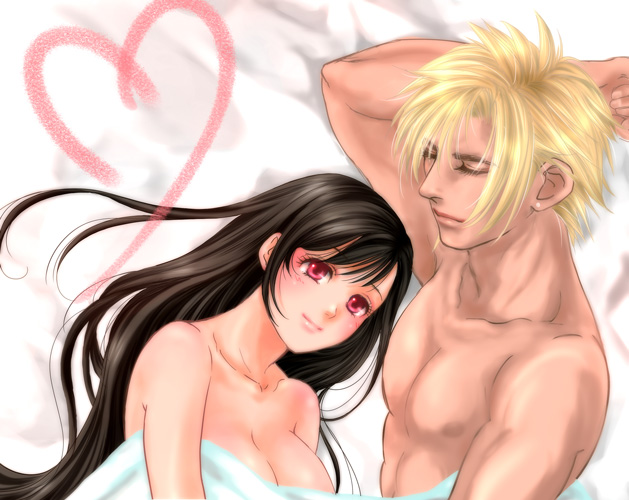 1boy 1girl artist_request blonde_hair breasts cleavage cloud_strife eyes_closed final_fantasy final_fantasy_vii from_above heart large_breasts long_hair looking_at_viewer lying mamio2012 on_side red_eyes tifa_lockhart very_long_hair