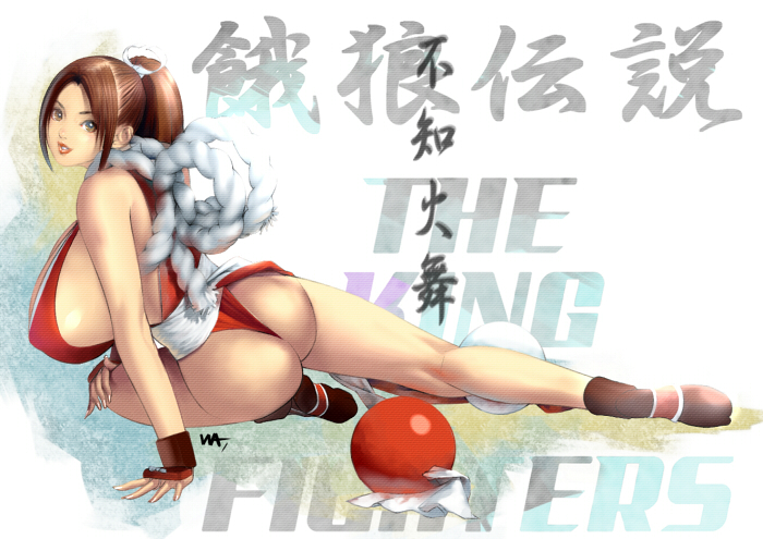 arm_guards arm_support ass bad_id bad_pixiv_id breasts brown_eyes brown_hair character_name copyright_name covered_nipples fingernails from_behind hair_ribbon hand_on_own_knee high_ponytail huge_breasts japanese_clothes kneepits legs leotard lips lipstick long_fingernails long_hair looking_at_viewer looking_back makeup ninja no_bra parted_lips ponytail reclining red_leotard red_lipstick ribbon rope sash shiranui_mai sideboob signature solo the_king_of_fighters thong_leotard wakino_keibun