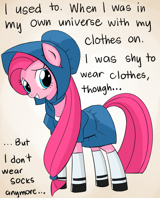 clothed clothing english_text equine female feral friendship_is_magic grin horse legwear mammal my_little_pony pinkamena_(mlp) pinkie_pie_(mlp) plain_background pony ponytail raised_tail smile solo stockings text white_background