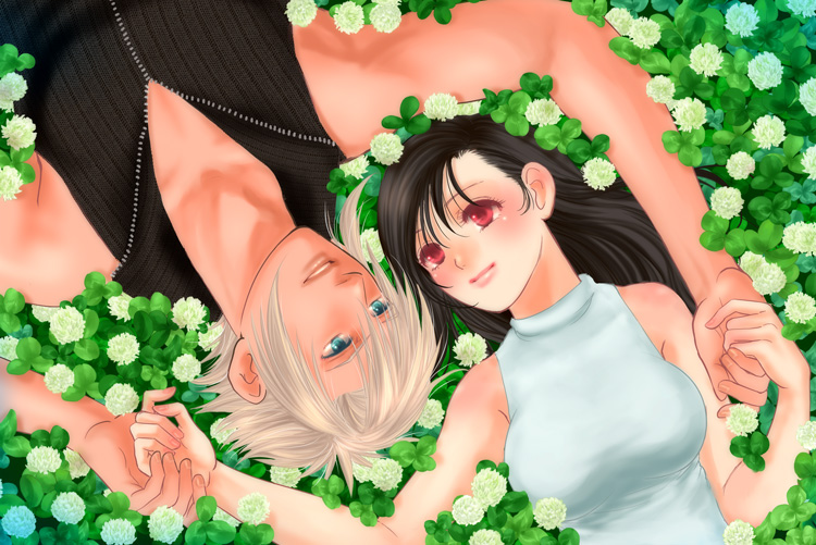 1boy 1girl artist_request black_hair blonde_hair blue_eyes cloud_strife eye_contact final_fantasy final_fantasy_vii from_above long_hair looking_at_another lying mamio2012 on_back red_eyes tifa_lockhart