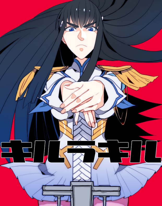 1girl black_hair copyright_name eyebrows hime_cut junketsu kill_la_kill kiryuuin_satsuki long_hair looking_at_viewer sword weapon