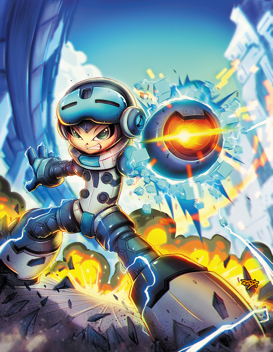arm_cannon beck_(mighty_no._9) cropped electricity explosion green_eyes helmet male_focus md5_mismatch mighty_no._9 rob_duenas robot solo weapon