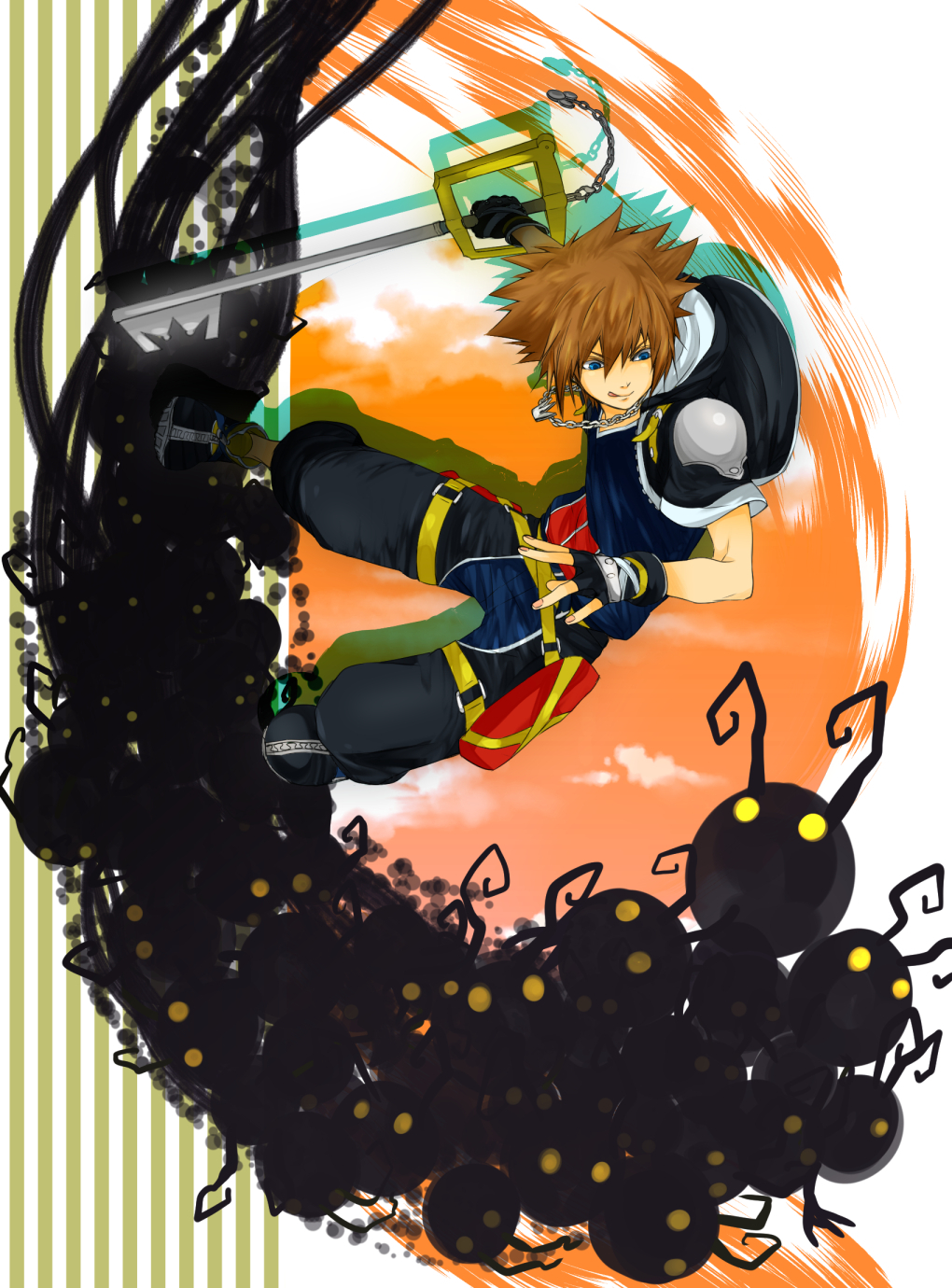 blue_eyes brown_hair chain_necklace fingerless_gloves gloves heartless highres keyblade kingdom_hearts kingdom_hearts_iii licking_lips male_focus shadow_(kingdom_hearts) sora_(kingdom_hearts) techitoni tongue tongue_out