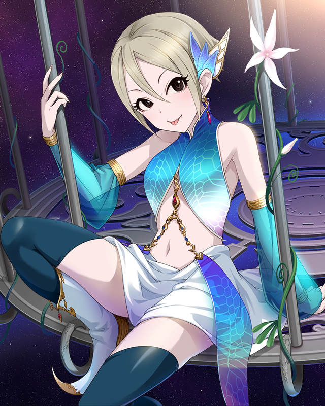 :p alternate_costume artist_request black_eyes black_legwear blonde_hair earrings hair_between_eyes hair_ornament idolmaster idolmaster_cinderella_girls jewelry kunreishiki midriff navel official_art pole shiomi_shuuko short_hair skirt solo thighhighs tongue tongue_out white_skirt