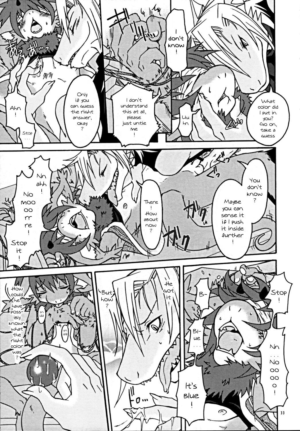 big_ears blindfold blush bound censored clothing comic convenient_censorship date_natsuku dragon english_text furred_dragon gay horn lube male nipples open_mouth penis sweat text young