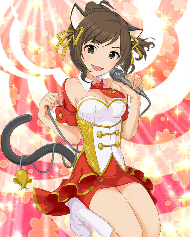 :d animal_ears artist_request breasts brown_hair cat_ears cat_tail green_eyes idolmaster idolmaster_cinderella_girls maekawa_miku medium_breasts microphone necktie off_shoulder official_art open_mouth ponytail ribbon smile solo tail