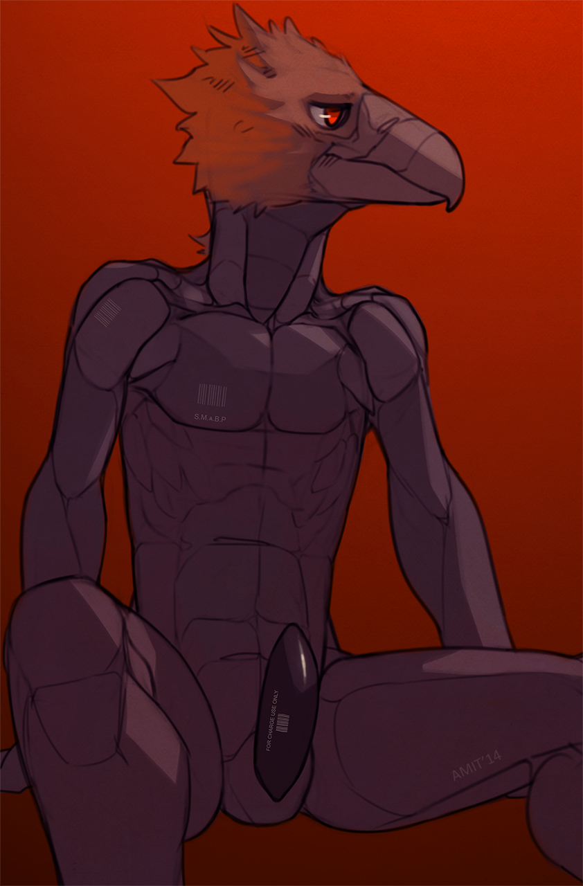 abs amit anthro avian bar_code barcode beak biceps bird cyborg feathers gradient_background machine male mechanical metal muscles nude pecs penis plain_background portrait pose presenting prosthetics red_eyes sheath sitting solo topless
