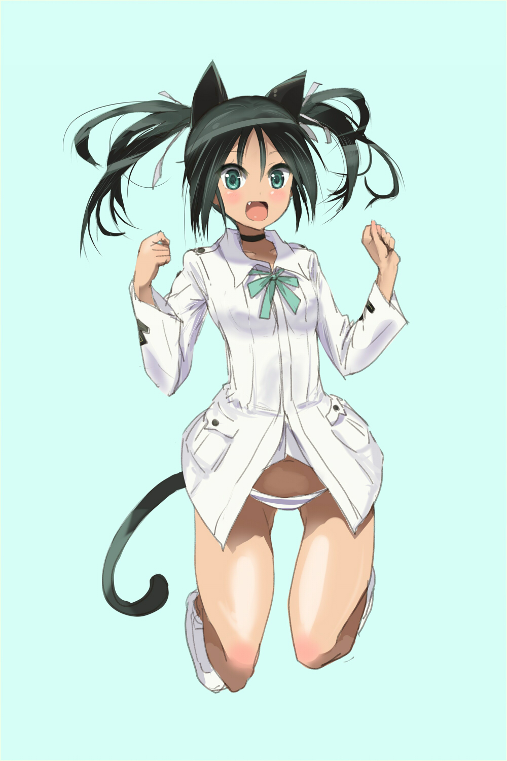 animal_ears aqua_eyes black_hair cat_ears cat_tail fang francesca_lucchini hair_ribbon highres jumping looking_at_viewer military military_uniform navel no_pants oi_ke open_mouth panties ribbon solo strike_witches striped striped_panties tail twintails underwear uniform world_witches_series