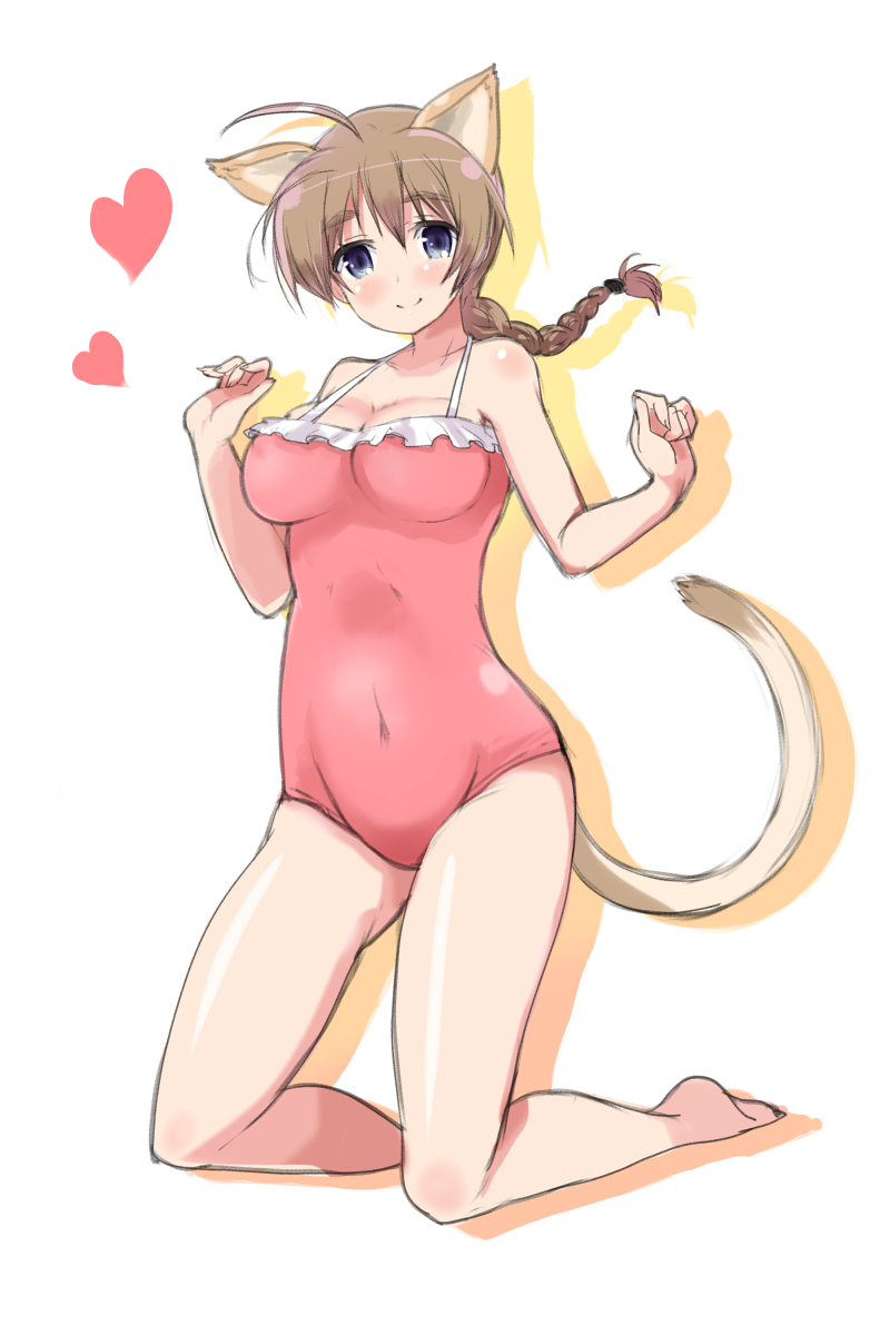 ahoge animal_ears barefoot blue_eyes braid breasts brown_hair casual_one-piece_swimsuit cat_ears cat_tail heart highres kneeling large_breasts long_hair looking_at_viewer lynette_bishop navel oi_ke one-piece_swimsuit single_braid smile solo strike_witches swimsuit tail world_witches_series